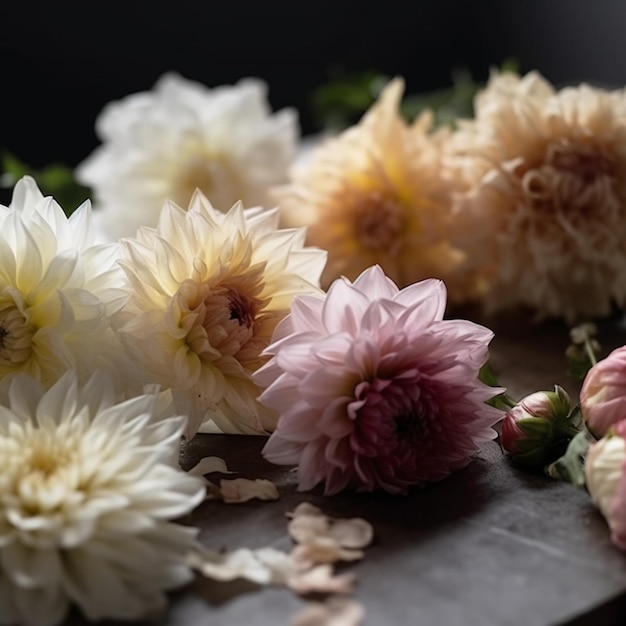 Eine Nahaufnahme von Blumen auf einem Tisch mit dunklem Hintergrund.