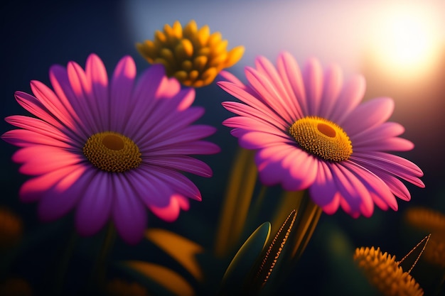 Eine Nahaufnahme von Blumen mit der Sonne hinter ihnen