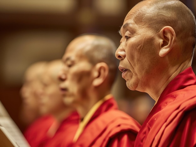 Eine Nahaufnahme von buddhistischen Mönchen, die in Einklang stehen und friedlich singen