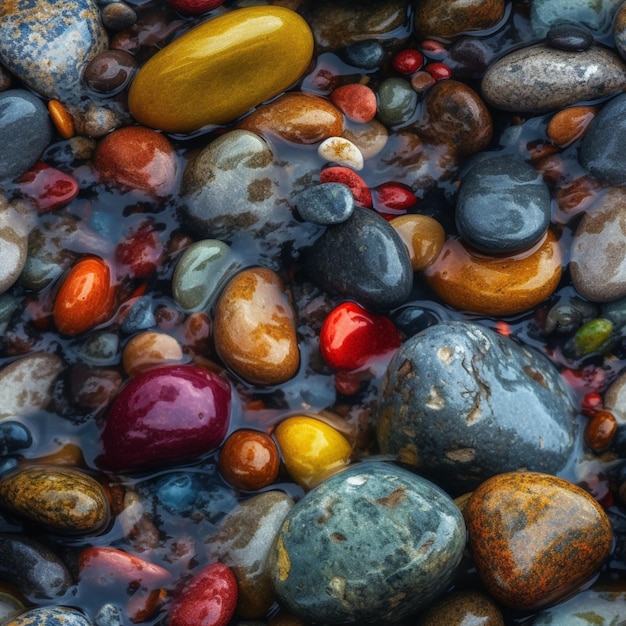 Eine Nahaufnahme von bunten Felsen in einem Bach