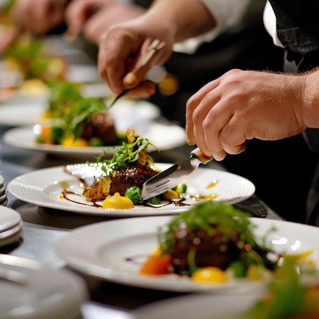 Eine Nahaufnahme von den Händen eines Chefs, der ein Gericht für ein Wohltätigkeitsessen platziert Job ID 7b14e1438ad142239b5ee95e61260df5