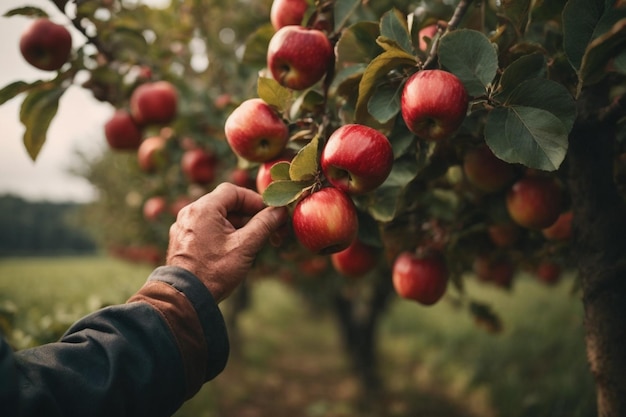 Eine Nahaufnahme von den Händen eines verwitterten Bauern, der sanft reife rote Äpfel von einem üppig grünen Baum pflückt