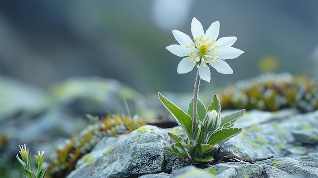 Eine Nahaufnahme von Edelweiss, der in Felsen in der Natur blüht, mit einem großen verschwommenen Hintergrund für Text oder Produktwerbung Hintergrund Generative KI