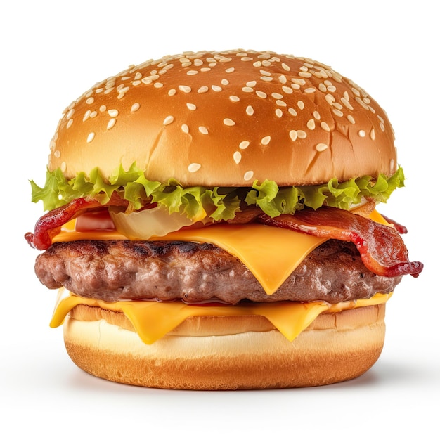 Eine Nahaufnahme von einem Cheeseburger mit Speck und Käse
