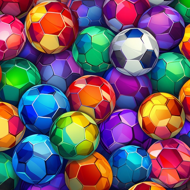 Foto eine nahaufnahme von einem haufen farbenfroher fußballbälle generative ai