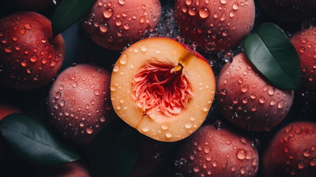 Eine Nahaufnahme von einem Haufen Pfirsiche mit Wassertropfen darauf ai