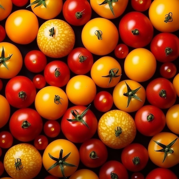 Eine Nahaufnahme von einem Haufen Tomaten mit gelben und roten Generativen ai