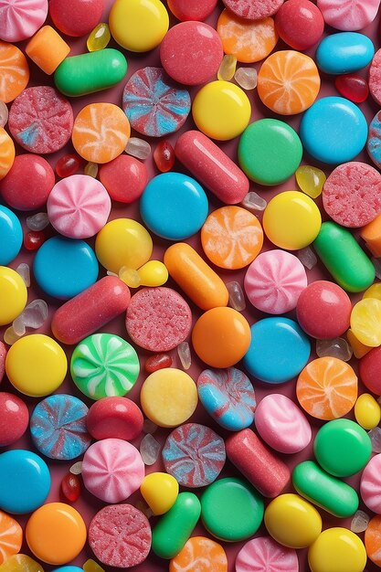 Eine Nahaufnahme von einem Haufen von verschiedenen farbigen Süßigkeiten generative ai