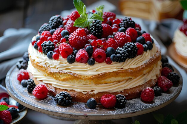 Eine Nahaufnahme von einem Kuchen mit Beeren darauf