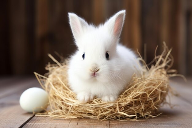 Eine Nahaufnahme von einem niedlichen weißen Hase sitzt in der Nähe eines Strohnestes mit Eiern