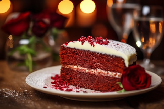 Eine Nahaufnahme von einem roten Samtkuchen, der mit Schokoladensauce getränkt wird