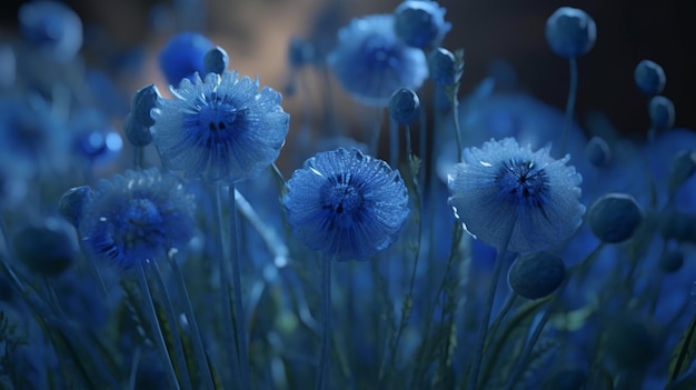 Eine Nahaufnahme von einem Strauß blauer Blumen