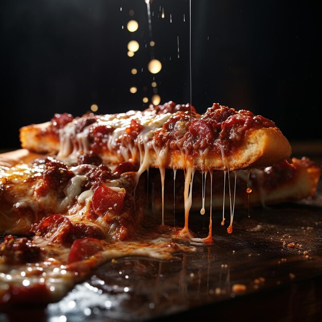 Eine Nahaufnahme von einem Stück Pizza mit den Toppings, die aus der Hochgeschwindigkeitsfotografie strömen