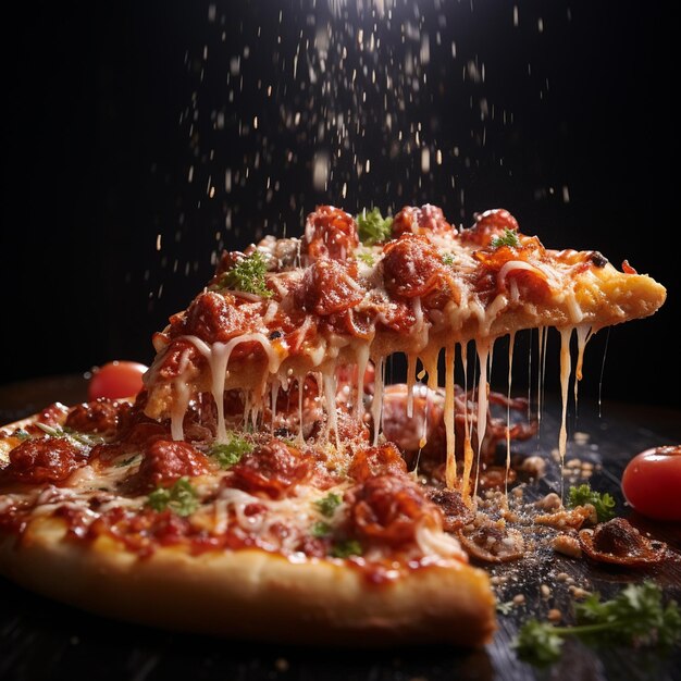 Eine Nahaufnahme von einem Stück Pizza mit den Toppings, die aus der Hochgeschwindigkeitsfotografie strömen