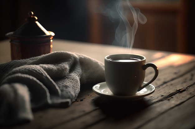 Eine Nahaufnahme von einer Tasse Kaffee und einem dampfenden heißen Handtuch auf einem Holztisch