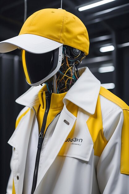 Eine Nahaufnahme von einer weißen Jacke und einem gelben Hut auf einem Hanger generative ai