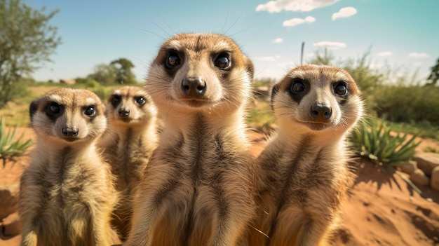 Eine Nahaufnahme von Erdmännchen, die auf ihren Hinterbeinen stehen