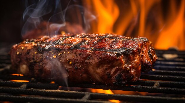 Eine Nahaufnahme von Fleisch auf einem Grill mit Flammen