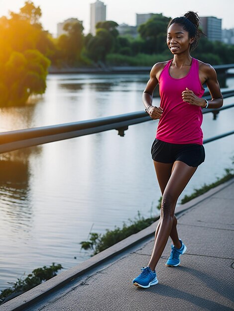 eine Nahaufnahme von Frauen, die morgens auf der Straße neben dem Fluss joggen