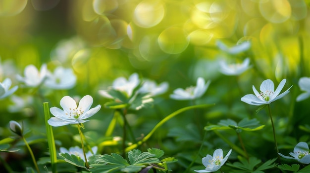 Eine Nahaufnahme von frischen Frühlingsblumen, die im warmen Sonnenlicht gebadet werden. Zarte weiße Blütenblätter kontrastieren mit lebendigem grünem Laub, was das Erwachen der Natur anzeigt.
