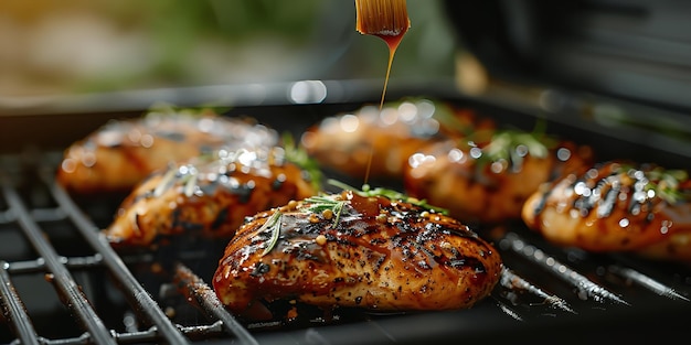 Foto eine nahaufnahme von frischen hühnerbrüsten auf dem grill mit einer geschmackvollen marinade mit pinsel mit einem großen raum für text oder produktwerbung hintergrund generative ki