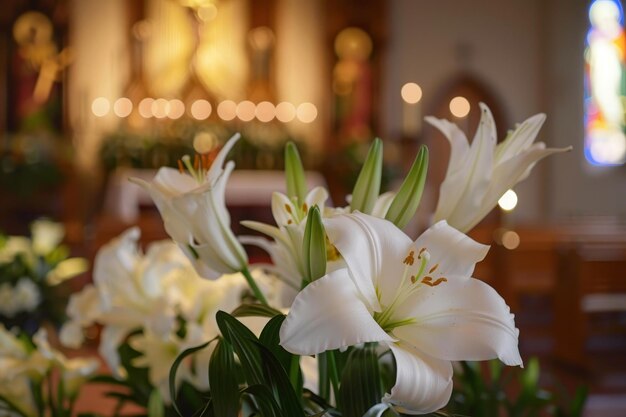 Eine Nahaufnahme von Frühlings-Osterlilien, die den Altar mit ihrer reinen weißen Schönheit schmücken