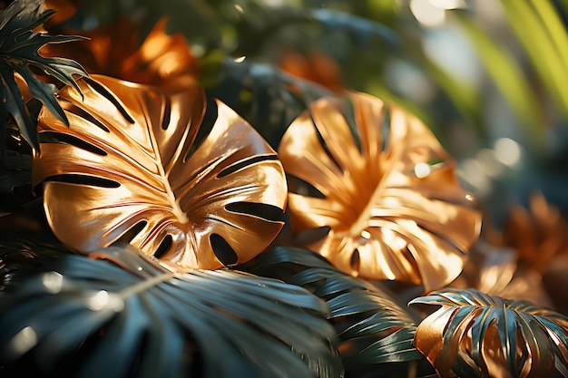 Eine Nahaufnahme von goldenen tropischen Pflanzen im Wald mit goldenem Sonnenlicht