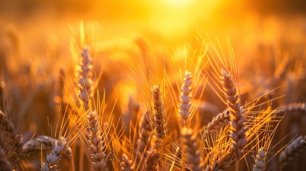 Eine Nahaufnahme von goldenen Weizenkorn auf einem Feld, das vom warmen Sonnenuntergang beleuchtet wird