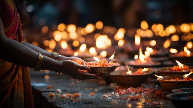 Eine Nahaufnahme von Händen, die Diwali-Diyas anzünden, was den Sieg des Lichts über die Dunkelheit symbolisiert