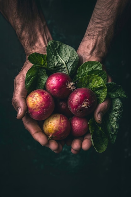 Eine Nahaufnahme von Händen, die lebendiges Bio-Gemüse halten, die gesunde Ernährungsgewohnheiten und Nachhaltigkeit zeigen