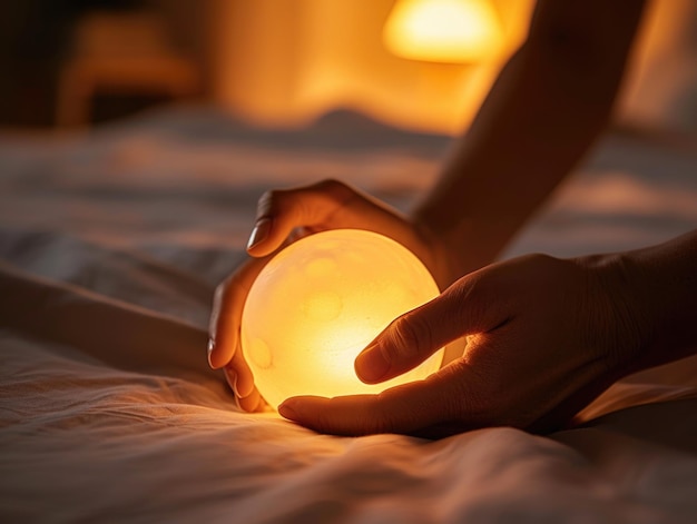 Eine Nahaufnahme von Händen, die sanft ein leuchtendes Licht auf einem Bett halten