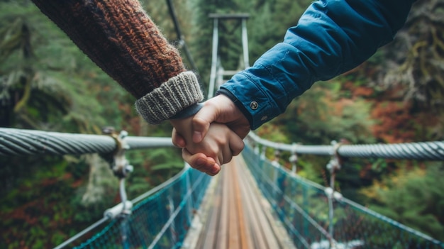 Foto eine nahaufnahme von händen, die sich fest an einander halten, während sie auf eine brücke mit