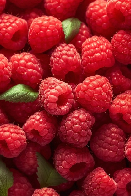 Eine Nahaufnahme von Himbeeren mit grünen Blättern