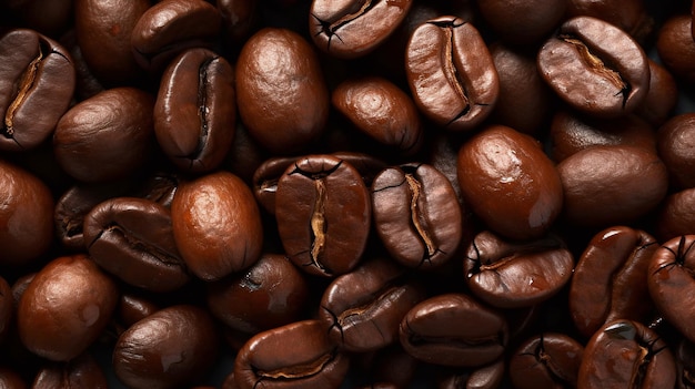 Eine Nahaufnahme von Kaffeebohnen mit dem Wort Kaffee oben rechts