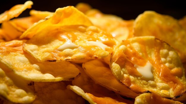 Eine Nahaufnahme von Kartoffelchips mit Käsegeschmack, die den käsigen Überzug zur Geltung bringt