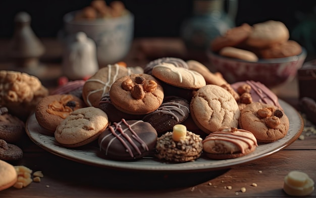 Eine Nahaufnahme von Keksen auf einem Vintage-Hintergrund, süßes Dessert, Bäckerei-Lebensmittel, erzeugt von der KI