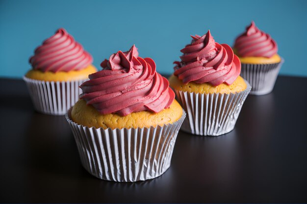 Eine Nahaufnahme von köstlich dekorierten Cupcakes, die perfekt auf einem Tisch angeordnet sind, eine unwiderstehliche Freude für die Augen und den Gaumen, generiert von KI.