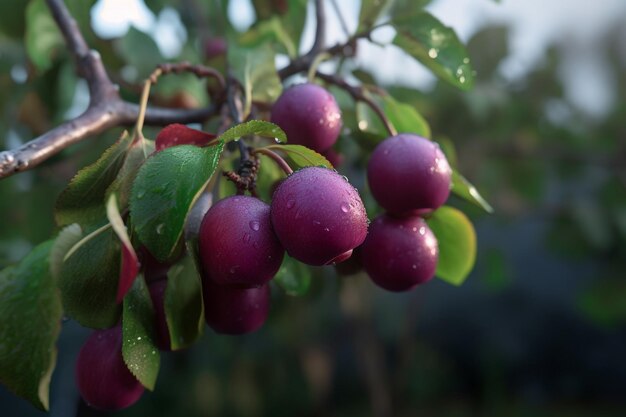 Eine Nahaufnahme von lila Pflaumen an einem Baum