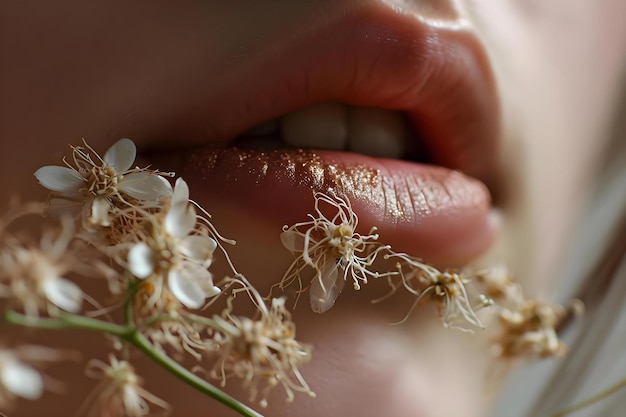 eine Nahaufnahme von Lippen und Blumen einer Person