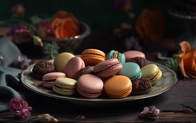 Eine Nahaufnahme von Macarons auf einem Vintage-Hintergrund mit süßem Dessert und gebackenem Essen