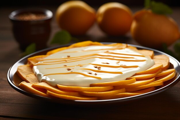 Eine Nahaufnahme von Mango-Schnitten, die auf einem Teller mit Sahne angeordnet sind