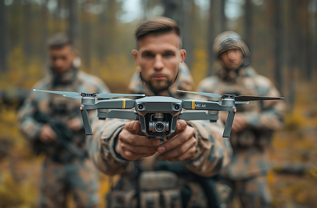 Eine Nahaufnahme von Militärangehörigen mit einer Drohne