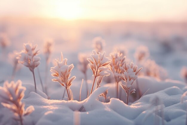 eine Nahaufnahme von mit Schnee bedeckten Pflanzen in einem Feld