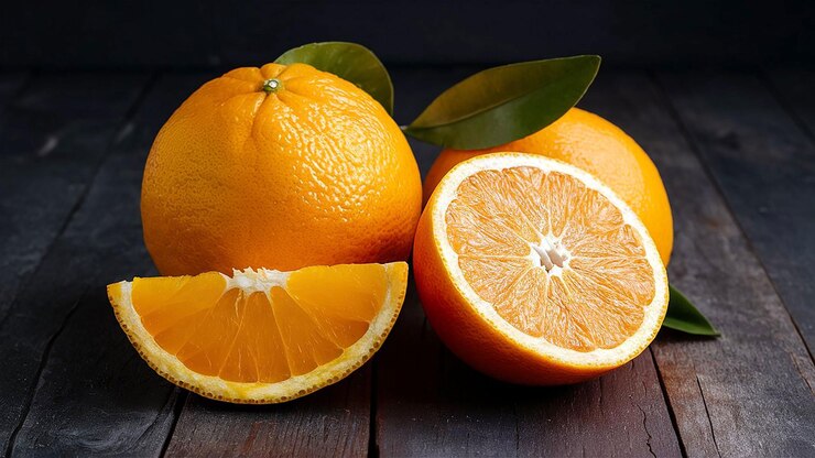 Eine Nahaufnahme von Orangen mit einem Blatt auf dem Holztisch