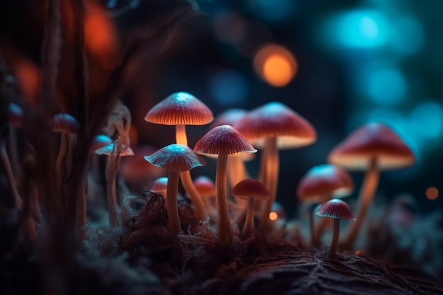 Eine Nahaufnahme von Pilzen in einem dunklen Raum mit blauem Licht im Hintergrund.