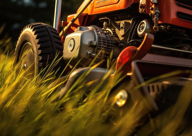 Foto eine nahaufnahme von rasenmäherblättern, die durch hohes gras schneiden und die komplizierten details einfangen