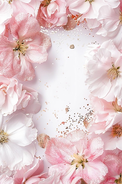 Eine Nahaufnahme von rosa Blumen mit goldenen Akzenten Die Blumen sind so angeordnet, dass ein Rahmen um sie herum entsteht Die goldenen Aczente verleihen dem Bild einen Hauch von Eleganz und Raffinesse