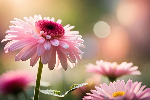 Eine Nahaufnahme von rosa und weißen Blumen mit der Sonne im Hintergrund.