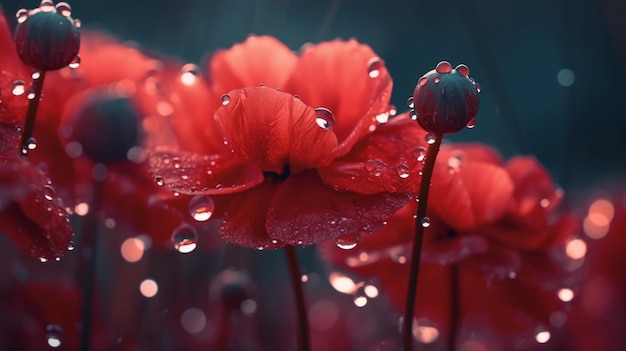 Eine Nahaufnahme von roten Mohnblumen mit Regentropfen auf den Blütenblättern