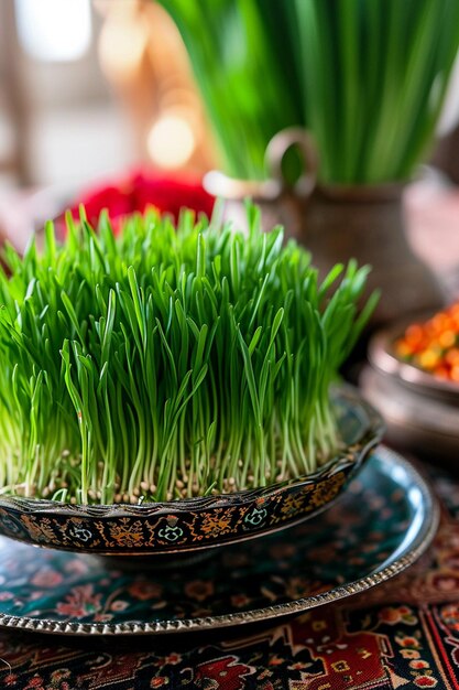 eine Nahaufnahme von schön gewachsenen Sabzeh-grünen Sprossen auf dem Nowruz HaftSeen-Tisch